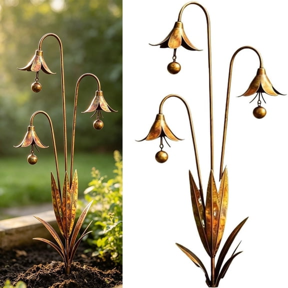 Triple Bluebells Garden Stake with Wind Bell, Metal Flower Yard Decor Stake, Outdoor Rustic Weatherproof Garden Ornament for Patio Lawn Yard Walkway