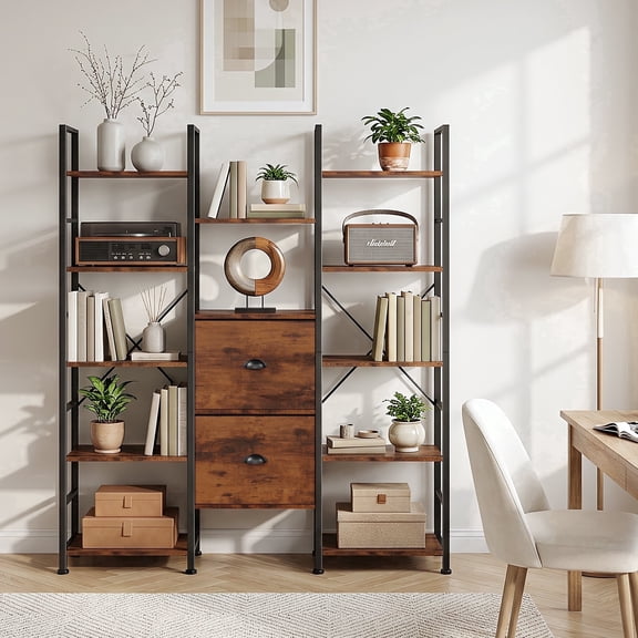 Triple Wide 5-Tier Bookshelf with Drawers – Industrial Bookcase, 14 Display Shelves & 2 Drawers, for Living Room, Home Office, Rustic Brown