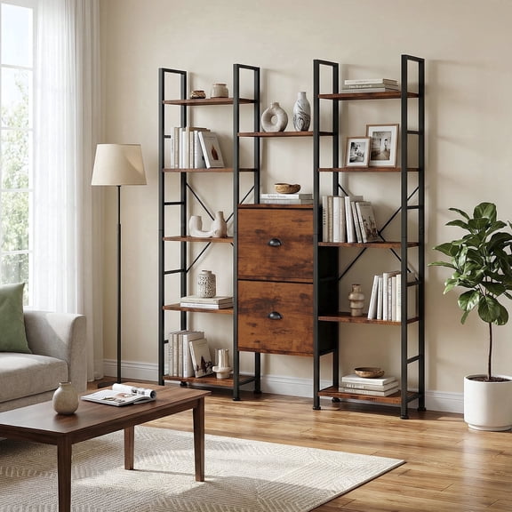 Triple Wide 5-Tier Bookshelf with Drawers – Industrial Bookcase, 14 Display Shelves & 2 Drawers, for Living Room, Home Office, Rustic Brown