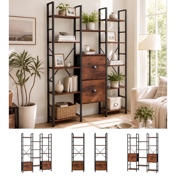 Triple Wide 5-Tier Bookshelf, Industrial Split Bookcase, 14 Shelves & 2 Drawers, for Home Office, Brown