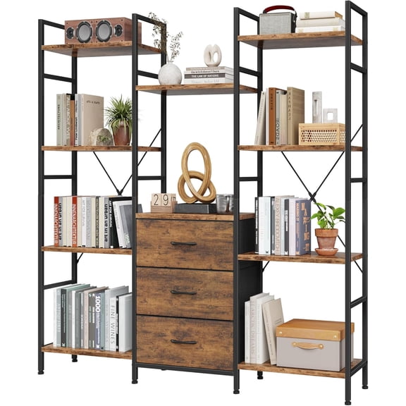 Triple Bookshelf with 3 Fabric Drawers, 4-Tier Book Shelf and 10 Display Shelves, Industrial Large Bookcase for Home & Office, Rustic Brown, 47'' Wide