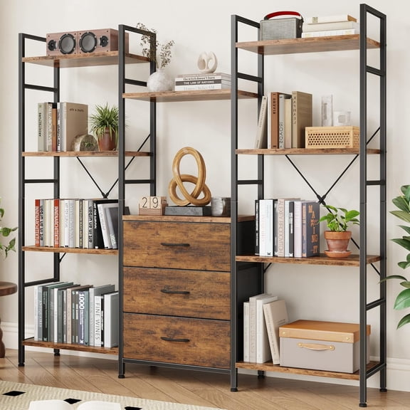 Triple Bookshelf with 3 Fabric Drawers, 4-Tier Book Shelf and 10 Display Shelves, Industrial Large Bookcase for Home & Office, Rustic Brown, 59'' Wide