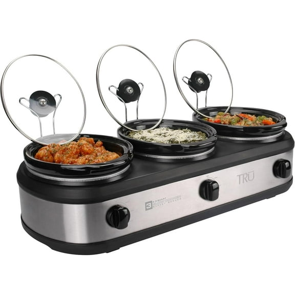 Triple Buffet Server - Three 2.5 Quart Removable Crock Inserts - Slow Cooker & Food Warmer with Individual Heat Control - Includes Lid Rests & Serving Spoons