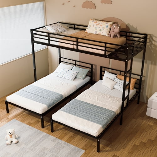 Triple Bunk Bed 3 Bed Bunk Beds for 3, Modern Metal Triple Bunk Bed Separates Into 3 Twin Beds with Noise Reduced Structure, Black