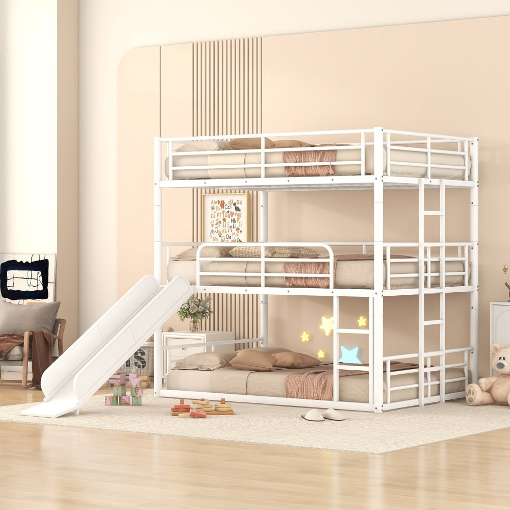 Triple Bunk Bed for 3, Full Over Full & Full Size Bunk Bed with Ladder