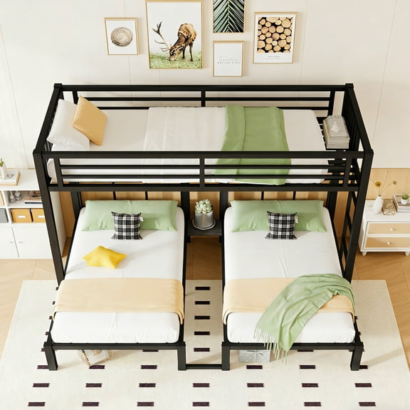 Triple Bunk Bed for 3 Kids Twin XL Over Twin Size, Convertible to 3 Separate Beds, Sturdy Metal Frame with Full Guardrail, Includes Ladder and Storage Shelf, Space Saving Kids Furniture, Black