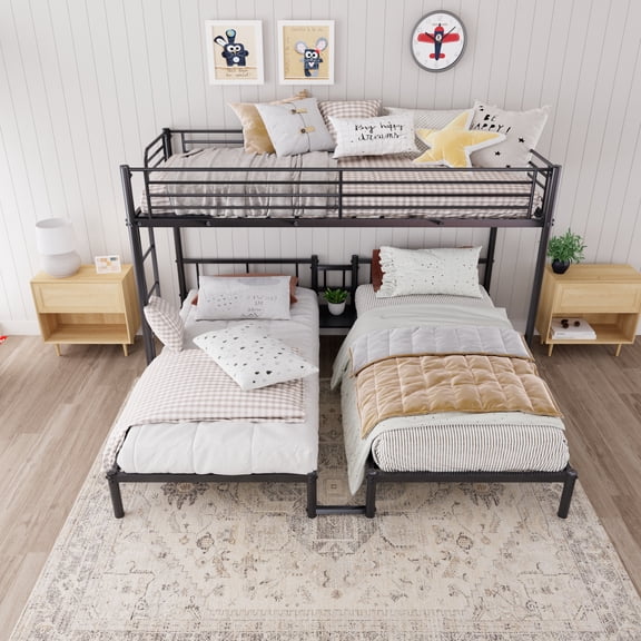 Triple Bunk Bed for 3 People Twin XL Over Twin Size, Sturdy Metal Frame with Full Guardrail, Includes Ladder and Storage Shelf, Space Saving Bedroom Furniture, Black