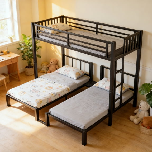 Triple Bunk Bed for 3 People Twin XL Over Twin Size, Convertible to 3 Separate Beds, Sturdy Metal Frame with Full Guardrail, Includes Ladder and Storage Shelf, Space Saving Furniture, Black