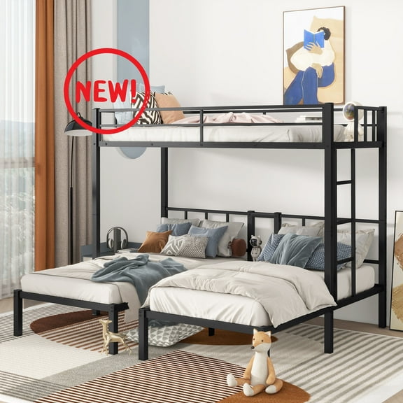 Triple Bunk Bed for 3, Twin Over Twin&Twin Metal Bunk Bed Frame Built-in Table, 3 Bunk Beds Can be Divided into 3 Separate Beds for Bedroom,Black
