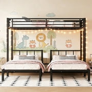 Triple Bunk Bed for 3, Twin Over Twin&Twin Metal Bunk Bed Frame Built-in Table, 3 Bunk Beds Can be Divided into 3 Separate Beds for Bedroom,Black