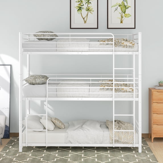 Triple Bunk Bed with Built-in Ladder, Bunk Bed Twin-Over-Twin-Over-Twin, Metal Triple Bunk Beds for Kids, No Box Spring Needed, Divided into Three Separate beds