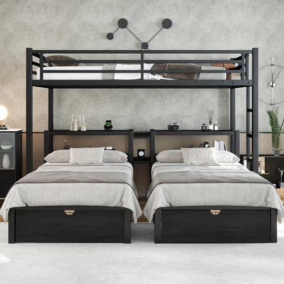 Triple Bunk Bed with Drawers, Full XL Over Twin & Twin Metal Bunk Bed with Shelves & USB Charging, Space Saving Multi-functional Bed with Storage for Shared Rooms, Black