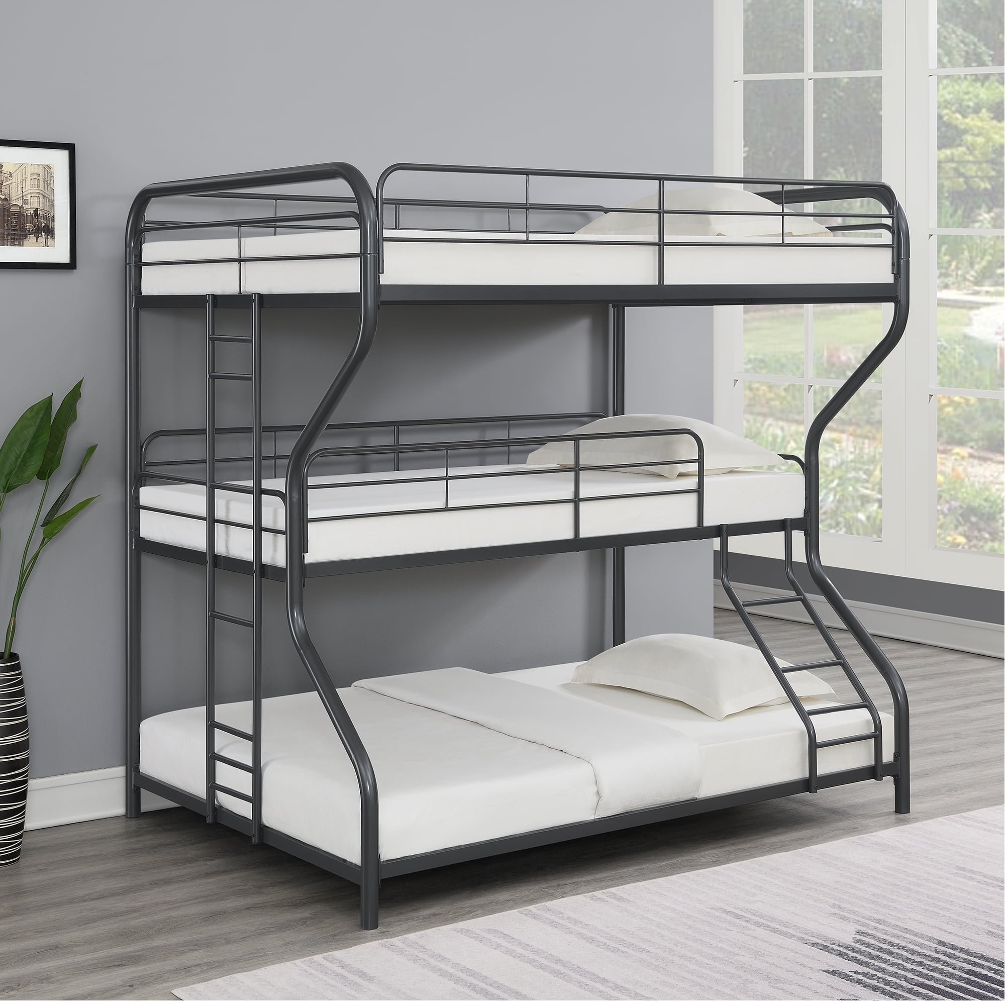 Triple Bunk Bed, FULL/Twin/FULL Size, Modern Metal Frame, Black, Space