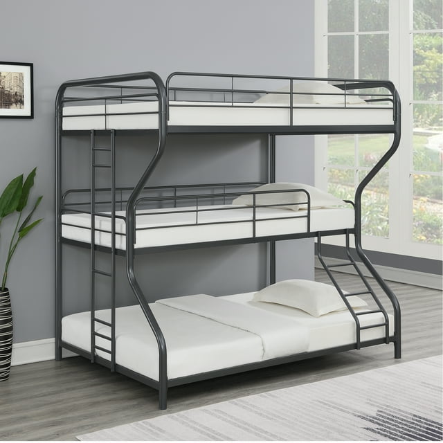 Triple Bunk Bed, FULL/Twin/FULL Size, Modern Metal Frame, Black, Space