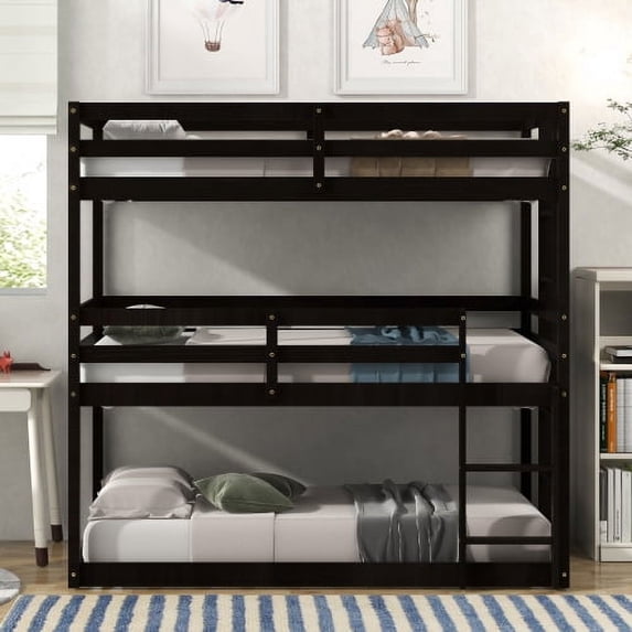 Triple Bunk Bed, Floor Bed with Safety Guardrail, Wood Bed Frame with Climbing Ladder, Easy to Assemble, Saving Space, Bed Bedroom Storage Guard Rail Ladder for Teens, Boys or Girls,Espresso