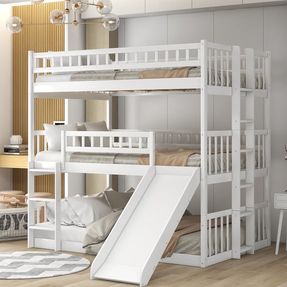 Triple Bunk Bed Full over Full over Full, Convertible into 3 Full Beds, or 1 Bunk Bed & 1 Platform Bed, Wood Triple Beds Frame with Slide, Ladders and Guardrail, No Box Spring Needed, White, D3837