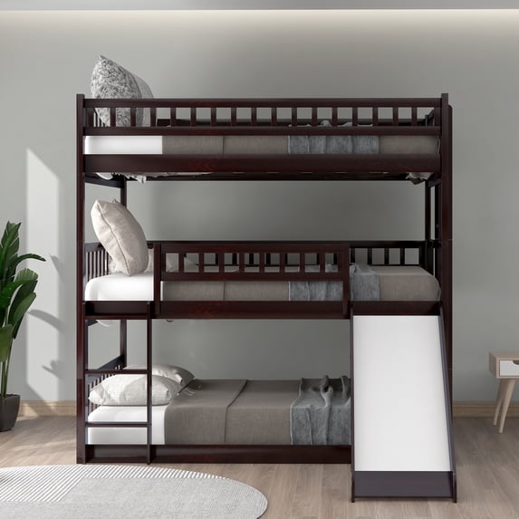 Triple Bunk Bed Full over Full over Full, Convertible into 3 Full Beds, or 1 Bunk Bed & 1 Platform Bed, Wood Triple Beds Frame with Slide, Ladders and Guardrail, No Box Spring Needed, Espresso, D3825