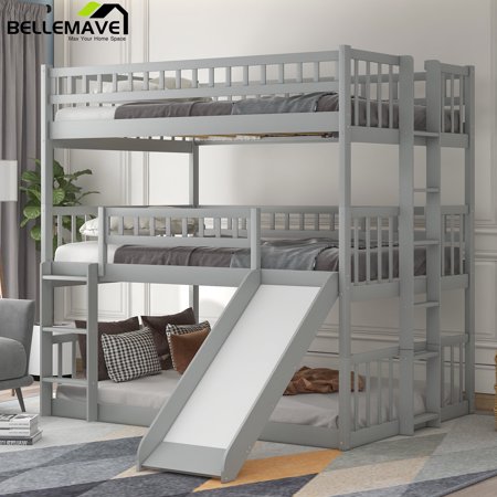 Triple Bunk Bed Full Size, Full over Full over Full Bunk Beds/Low Triple Bunk Bed with Slide, Ladder and Guardrail, 3 Bunk Beds, Full Bunk Beds for Bedroom (Gray)