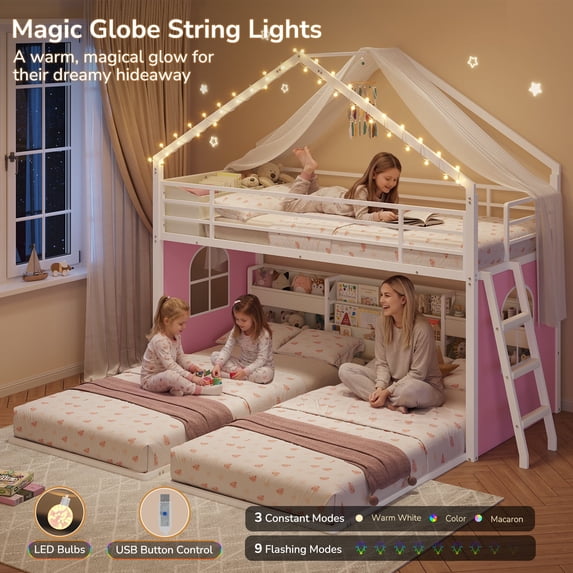 Triple Bunk Bed with Globe String Lights and Bookshelf for 3 Teens/Adults, Twin over Twin over Twin Metal Triple Bunk Bed Frame with Storage Bins & Safety Guardrails & Ladder, 3 Beds Bunk Beds, White