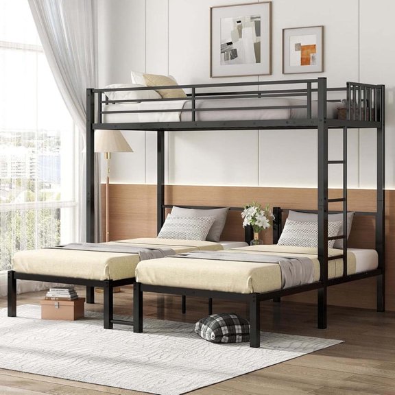 Triple Bunk Bed, Metal Twin/Twin XL Over Twin and Twin Bunk Bed can Converts to 3 Separate Twin Beds, Space-Saving Bunk Bed for 3, Heavy Duty Triple Bed for Teens, Guest Rooms(Black）