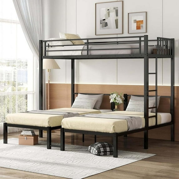 Triple Bunk Bed, Metal Twin/Twin XL Over Twin and Twin Bunk Bed can Converts to 3 Separate Twin Beds, Space-Saving Bunk Bed for 3, Heavy Duty Triple Bed for Teens, Guest Rooms(Black)