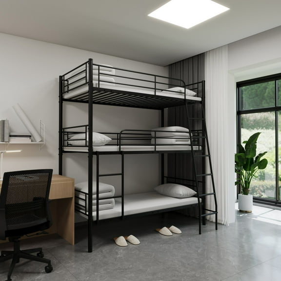 Twin Size Metal Triple Bunk Bed Can Be Disassembled Into 3 Beds, For Bedroom, Dormitory, Black