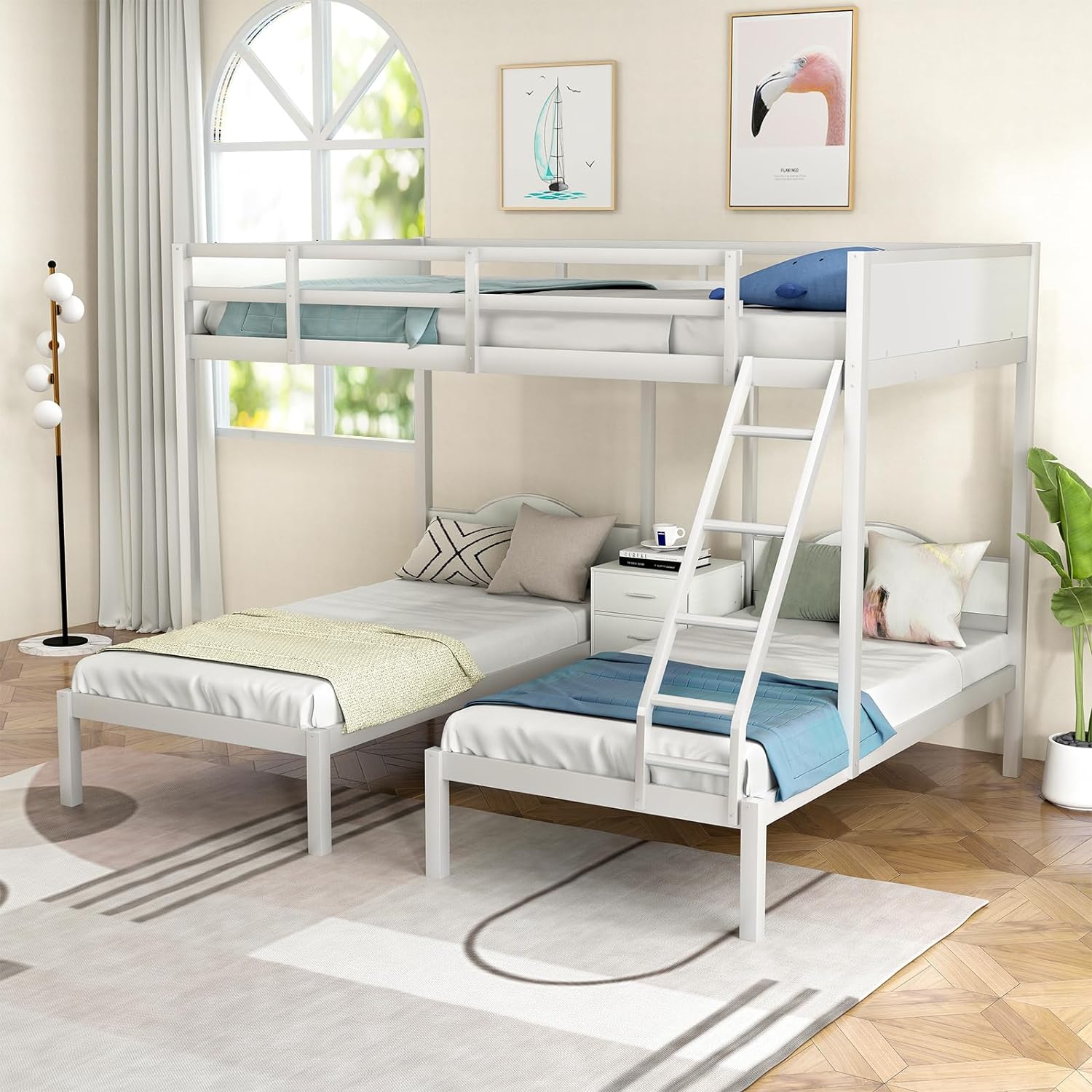 Triple Bunk Bed with Night Table, Bunk Bed 3 Beds in One with Ladder, Full Length Upper Bed