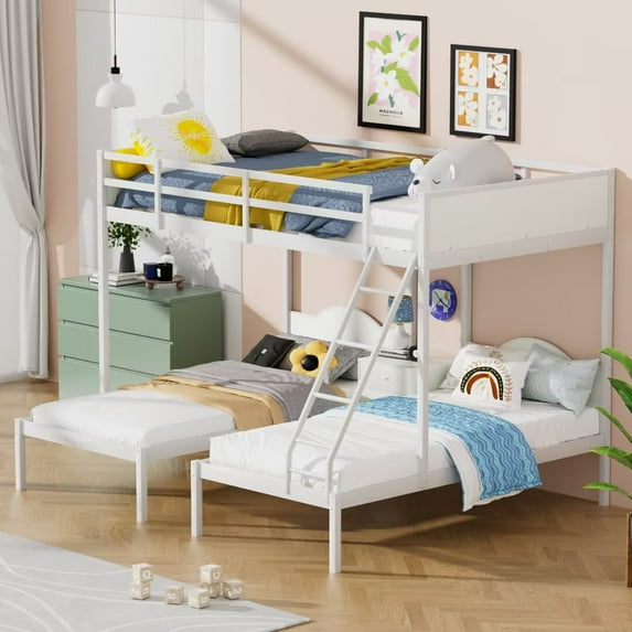Triple Bunk Bed with Nightstand, Metal Full Over Two Twin Bunk Bed with Full-Length Guardrails and Ladder, 400-600lbs Capacity Bed Frame for Teens Adults Bedroom Dorm, No Box Spring Needed, White