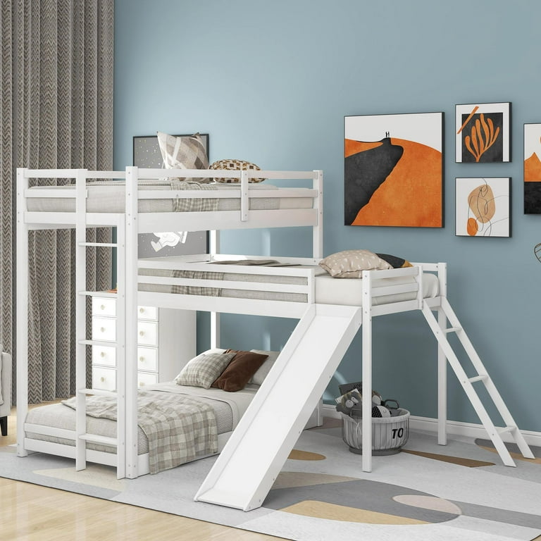 Triple Bunk Bed with Slide L Shaped Twin Over Twin Bunk Bed with Attached Twin Loft Bed and Ladder Wooden Triple Bunk Bed for Kids Teens Girls Boys White Walmart