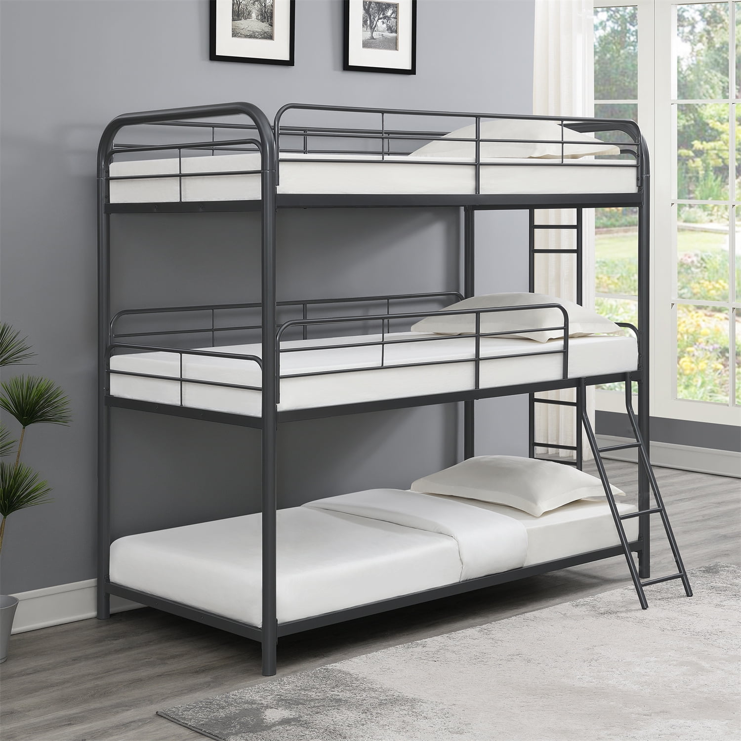 Triple Bunk Bed, Twin Over Twin Over Twin Bunk Bed with Builtin Long
