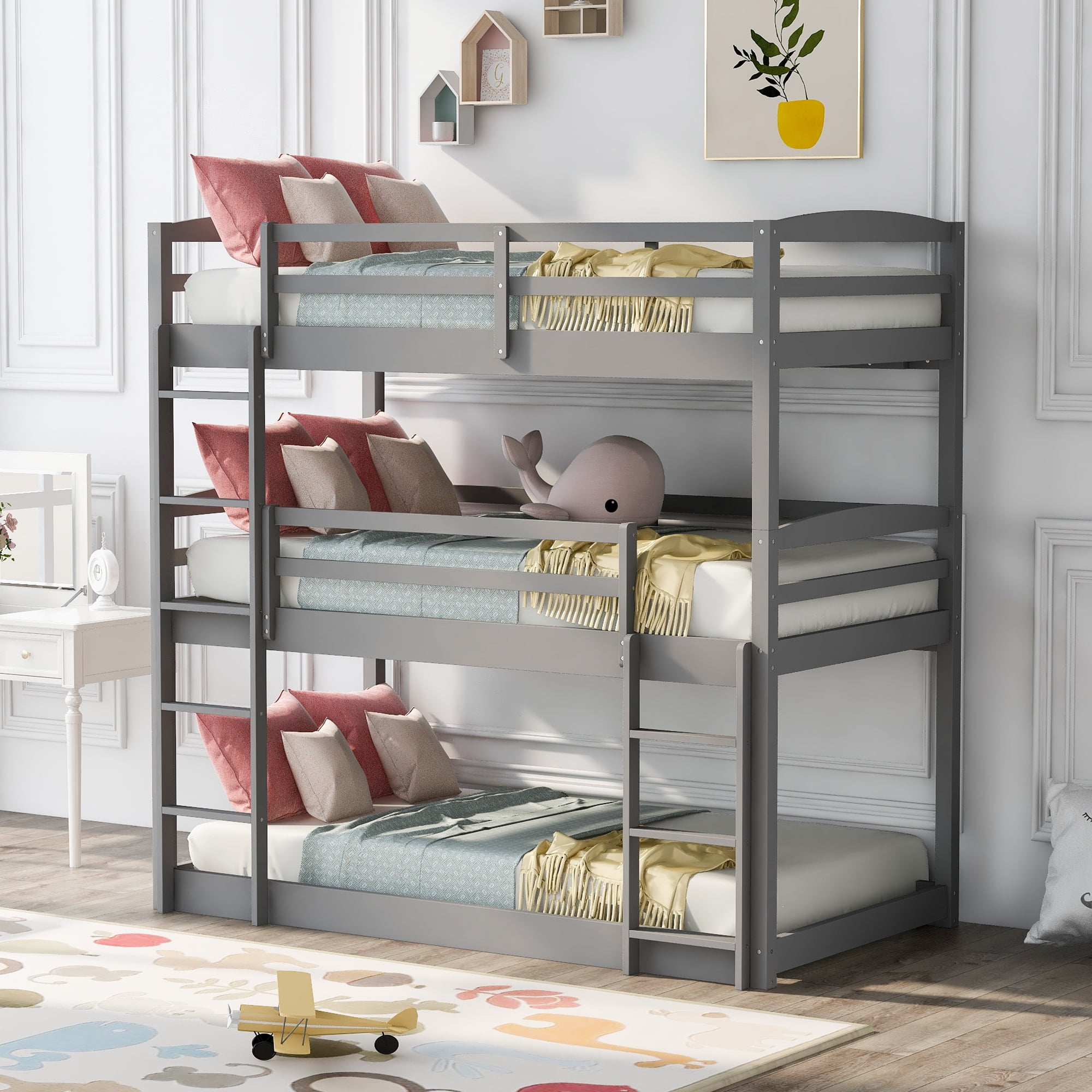 Triple Bunk Bed Twin Over Twin Solid Wood Triple Bunk Beds for Children Teen Adult Detachable Triple Bunk Bed Frame with Guard Rail and Ladder Kids