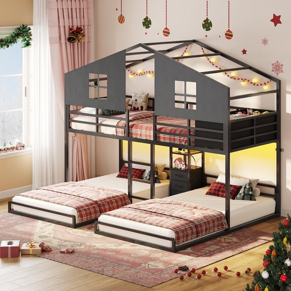 Triple Bunk Bed Twin Size With House, 4 Storage Drawers, Charging Station And Led Lights, Metal Bunk Bed With 13.4" H Guardrail,Play Curtain, Diy House Shaped Bed,Black