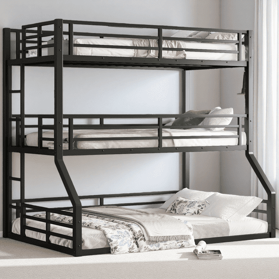Triple Bunk Bed, Twin over Twin over Full XL Metal Bunk Bed with Safety Rails, Heavy-Duty Space-Saving Bunk Bed for Teens, Shared Bedrooms & Guest Rooms, Black