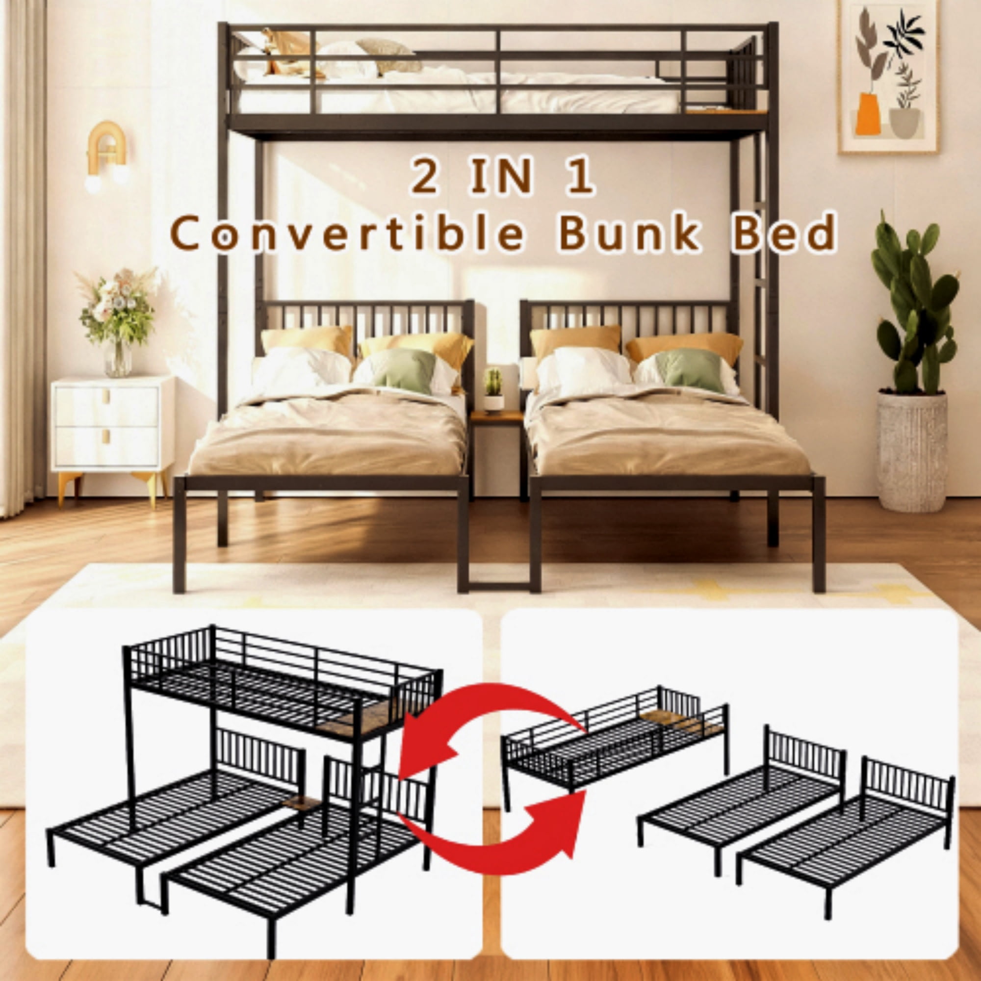 Triple Bunk Bed, Twin Over Twin Metal Bunk Bed Frame with Safety Guardrails and Ladder, Heavy Duty Converts to 3 Individual Beds, Space-Saving Family Sleep Solution for Bedroom Guest Room, Black