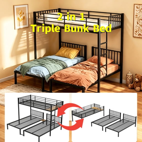 Triple Bunk Bed, Twin Over Twin Metal Bunk Bed Frame with Safety Guardrails and Ladder, Heavy Duty Converts to 3 Individual Beds, Space-Saving Family Sleep Solution for Bedroom Guest Room, Black