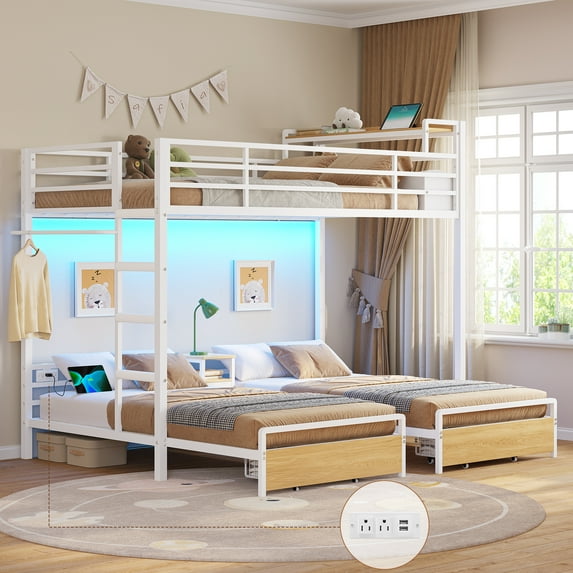 Triple Bunk Bed Twin Over Twin Over Twin Metal Bunk Bed with LED Lights and Charging Station, Loft Bed Frame with 3 Storage Drawers&Study Desk&Guardrails and Ladder,3 Bed Teens and Adults, White
