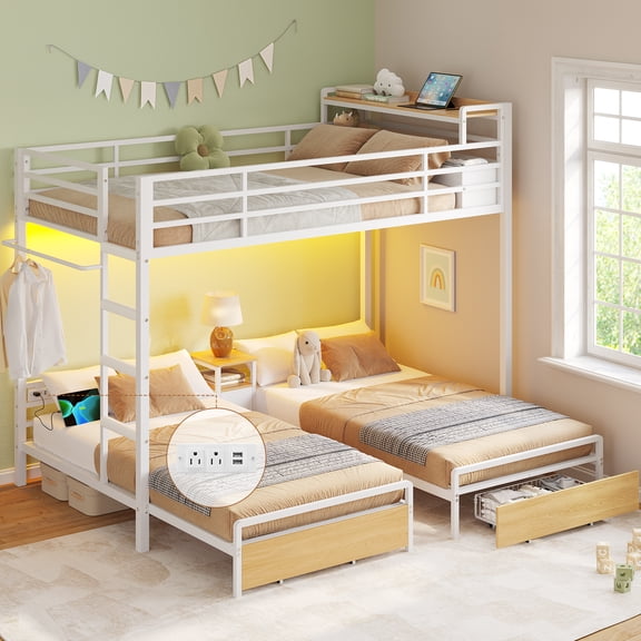 Triple Bunk Bed Twin Over Twin Over Twin Metal Bunk Bed with LED Lights and Charging Station, Loft Bed Frame with 3 Storage Drawers&Study Desk&Guardrails and Ladder,3 Bed Teens and Adults, White