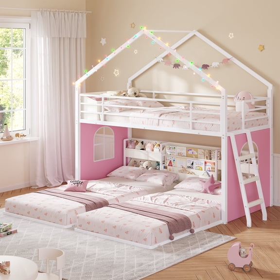 Triple Bunk Bed Twin Over Twin Over Twin with Storage Bins and Bookshelf, Metal Bunk Beds for 3 Teens/Adults, House Triple Bunk Bed Frame with Globe String Lights, Guardrails & Ladder, White