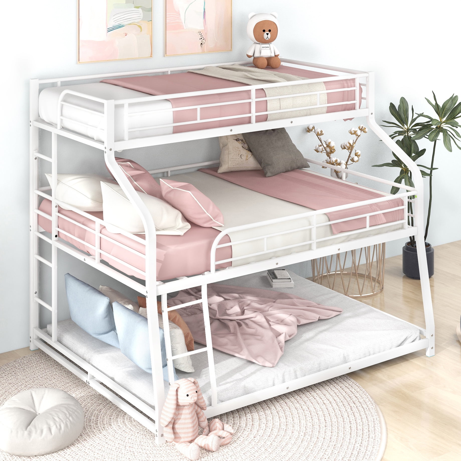 Triple Bunk Bed, Twin XL/Full XL/Queen Bunk Bed Frame with Long and
