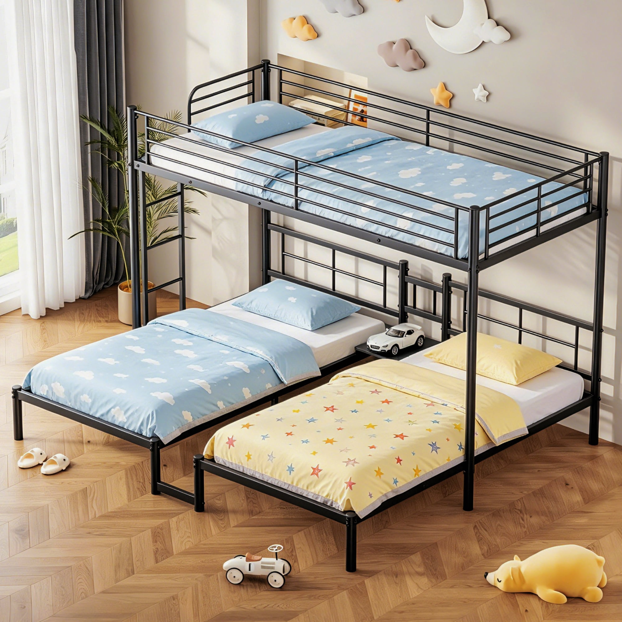 Triple Bunk Bed, Twin XL Over Twin  Beds, Metal Frame with Full Guardrails, Ladder & Storage Shelf, Space Saving for Guest Room, Vacation Home & Shared Space, Black