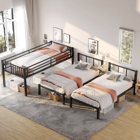 Triple Bunk Bed, Twin over Twin & Twin Metal Bunk Beds for 3, Space Saving Triple Sleeper with Ladder, Detachable 3 Twin Bed Frame, Black