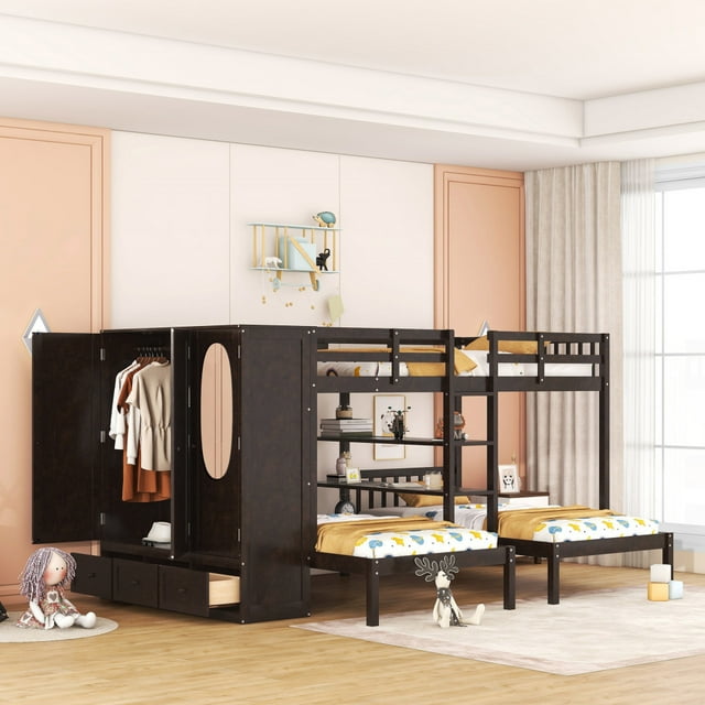 Triple Bunk Bed with Storage Frame, Full Over Twin & Twin, Wardrobe