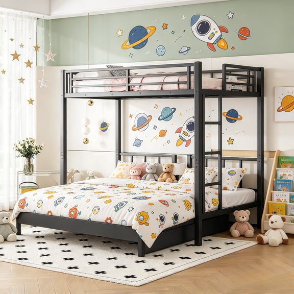 Triple Bunk Bed for 3, L-Shaped Detachable Twin Bunk Bed, Black Metal Bunk Bed with Guardrails & Ladder, 92.5" x 78.1" x 66.7"