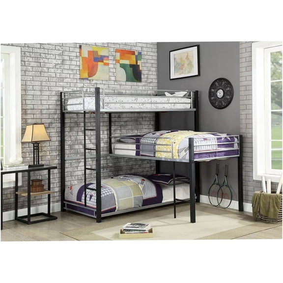Triple Bunk Bed with 2 Ladders, Full Metal 3-Tier Corner Loft Bed for Space Saving, Black Sand Finish