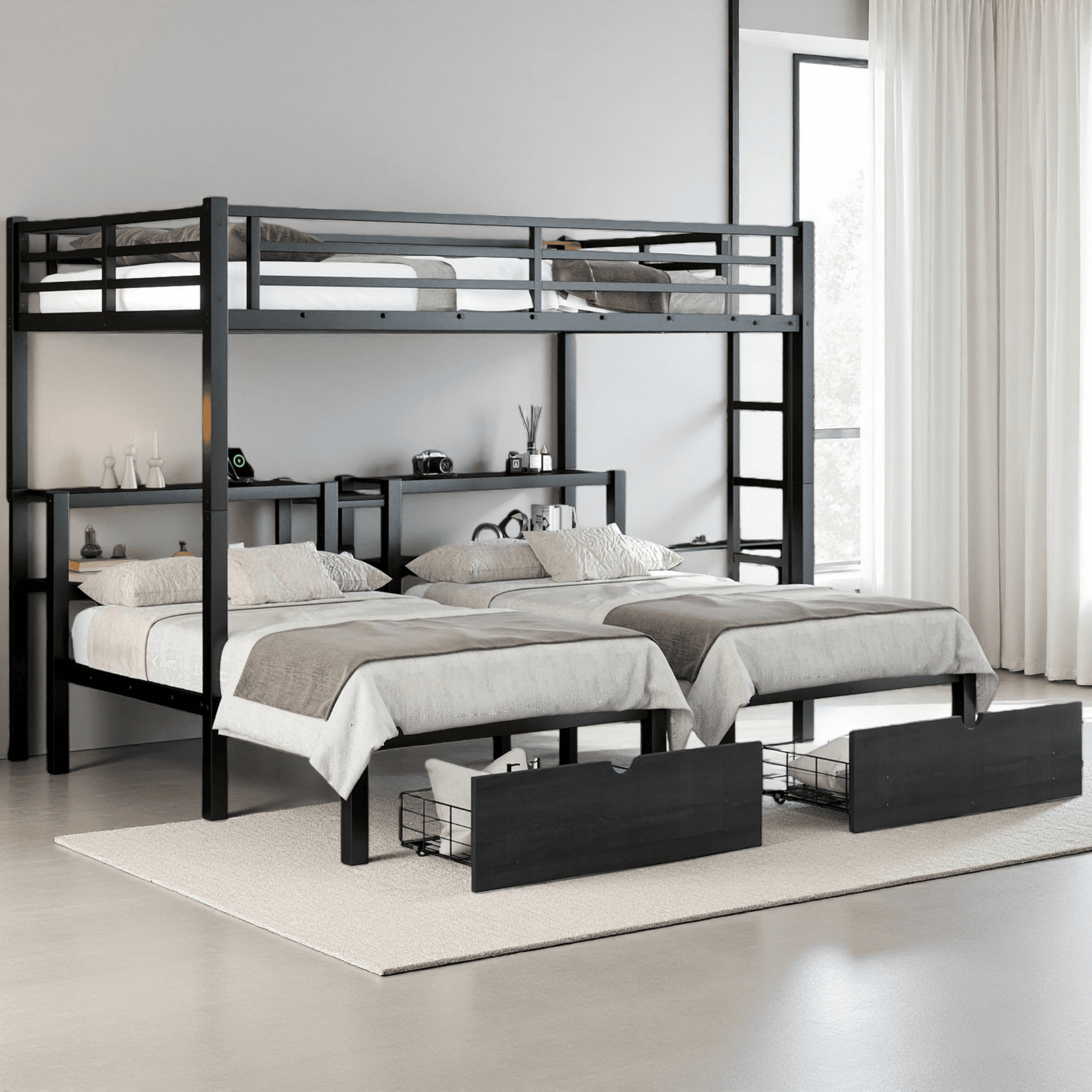 Triple Bunk Bed with Drawers, Full XL Over Twin & Twin Metal Triple