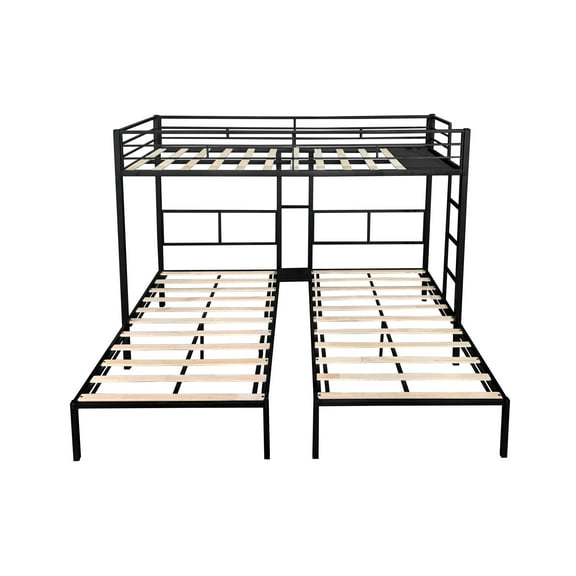Triple Bunk Bed with L-Shaped Design - Heavy Duty Steel Frame, Noise-Free Wood Slats, Built-In Side Table