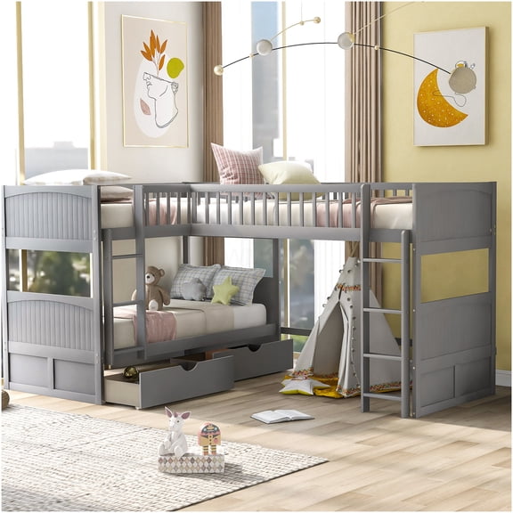 Triple Bunk Bed with Loft, Corner Design with Storage Drawers, Space Saving for Guest Room or Dorm, Gray Pine Wood Finish