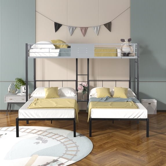 Triple Bunk Bed with Vent Board, Sturdy Metal Frame, Noise-Free Wood Slats, Separable into 3 Beds, No Box Spring Needed