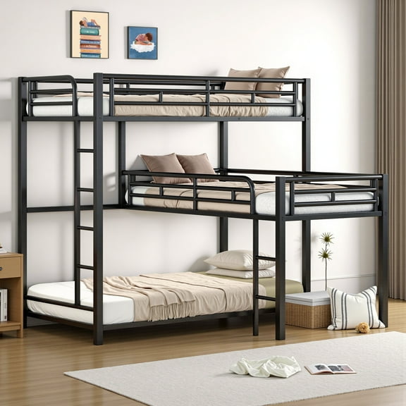 Triple Bunk Beds, L-Shaped Metal Bunk Bed Frame with Built-in Ladder and Full-Length Guardrails, 3-in-1 Heavy-Duty Beds Frame for Bedroom and Playhouse, Noise Free, Black