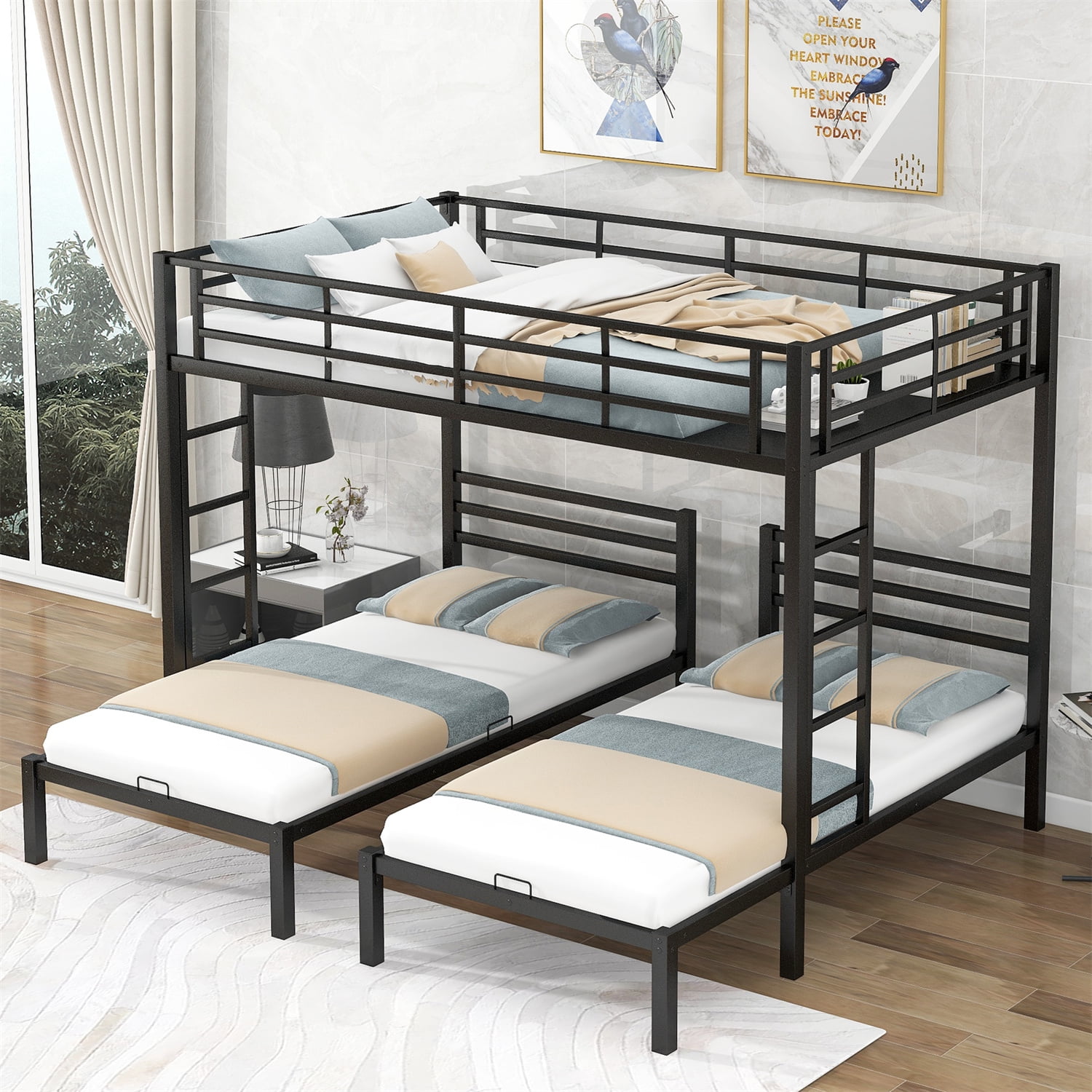 Triple Bunk Beds, Metal Bunk Bed Frame with Builtin Shelf and